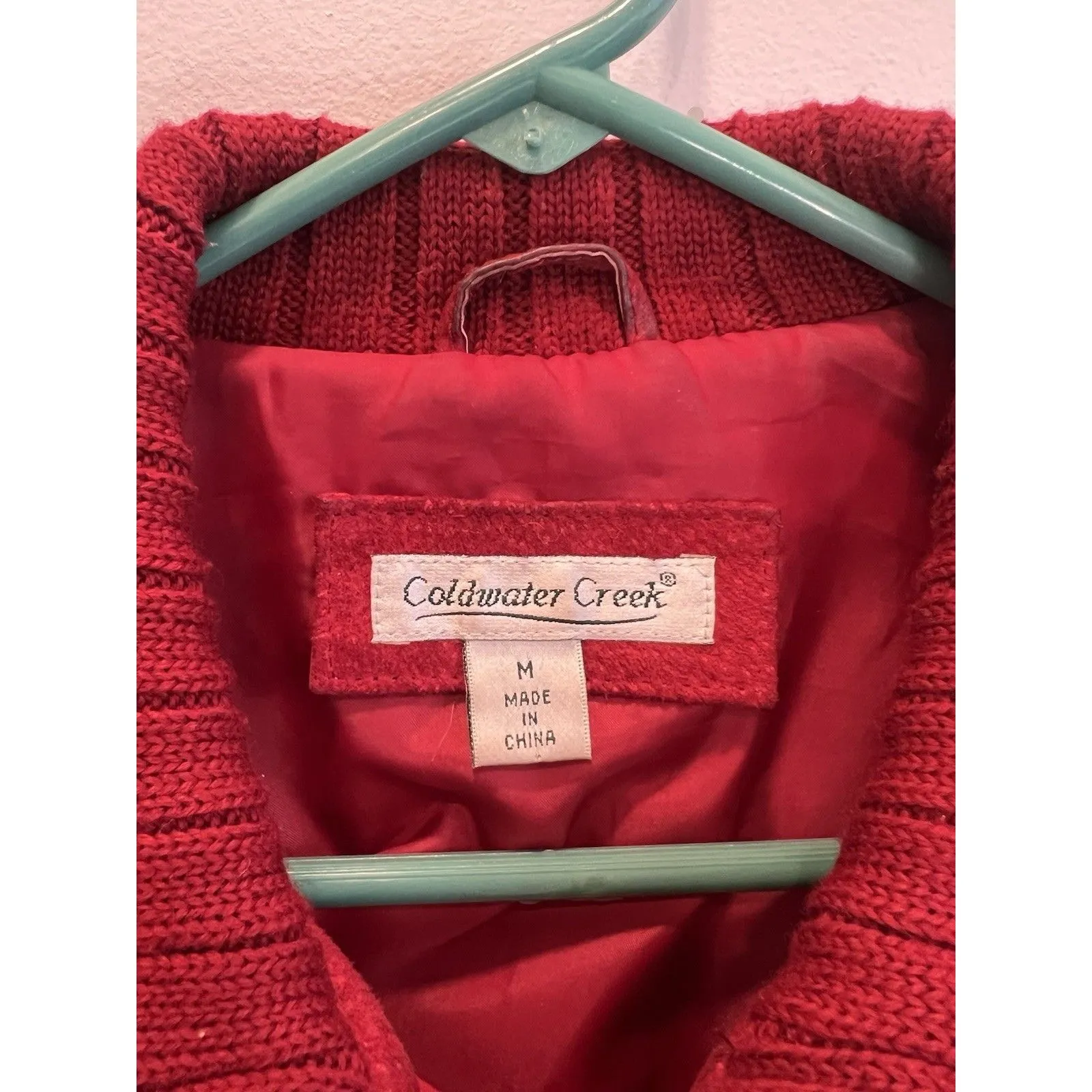 Vintage Coldwater Creek Cable Leather Sweater Zip Jacket Red Classic Size med - Image 4