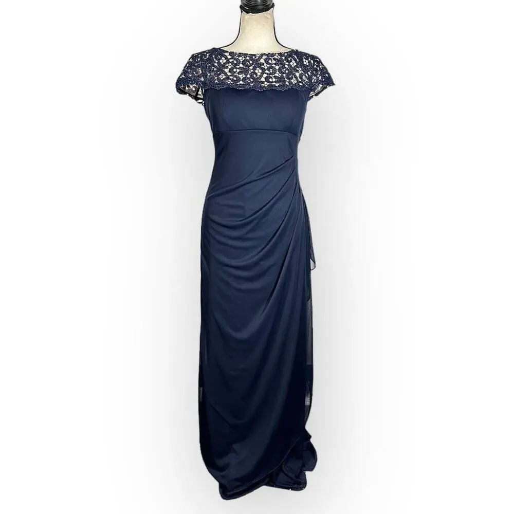 X by XSCAPE Embellished-Neck Gown Women's 4 Navy Blue Maxi Cap Sleeve NWT - Image 3