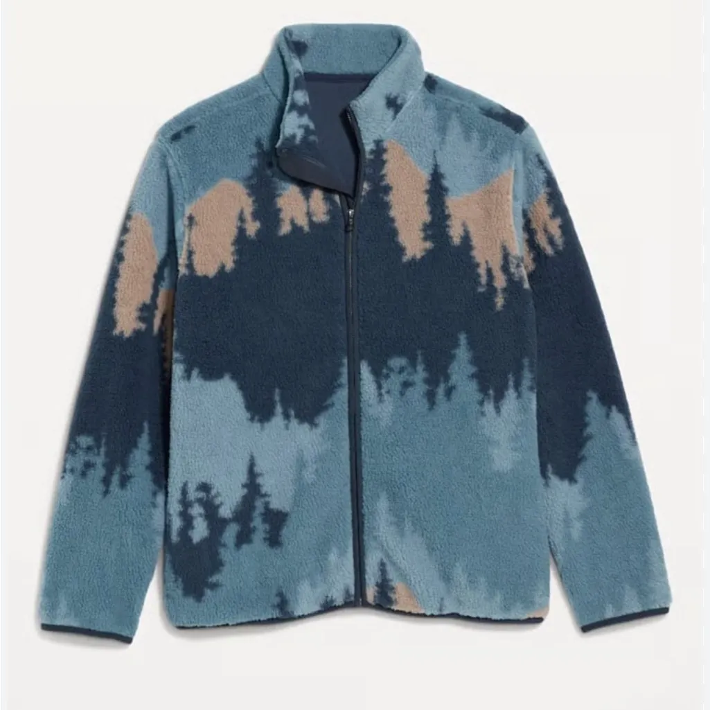 Old Navy Blue Tree Sherpa Full Zip Up Jacket Men’s Large - Image 3