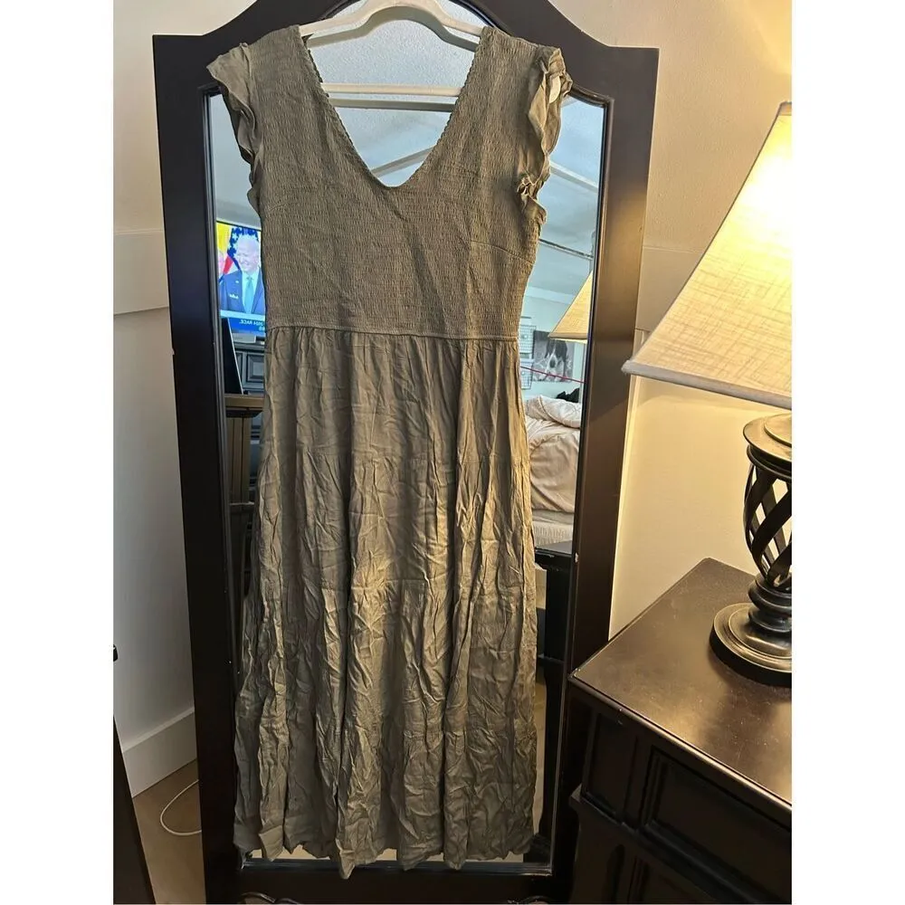 NEW Army Green Cap Sleeve V Neck Smocked Beach Sundress XL Green - Image 6