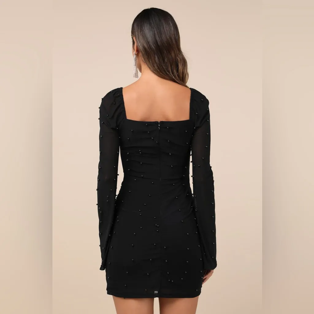 NWOT Flirty Luxury Black Mesh Pearl Long Sleeve Mini Dress M Size M - Image 5