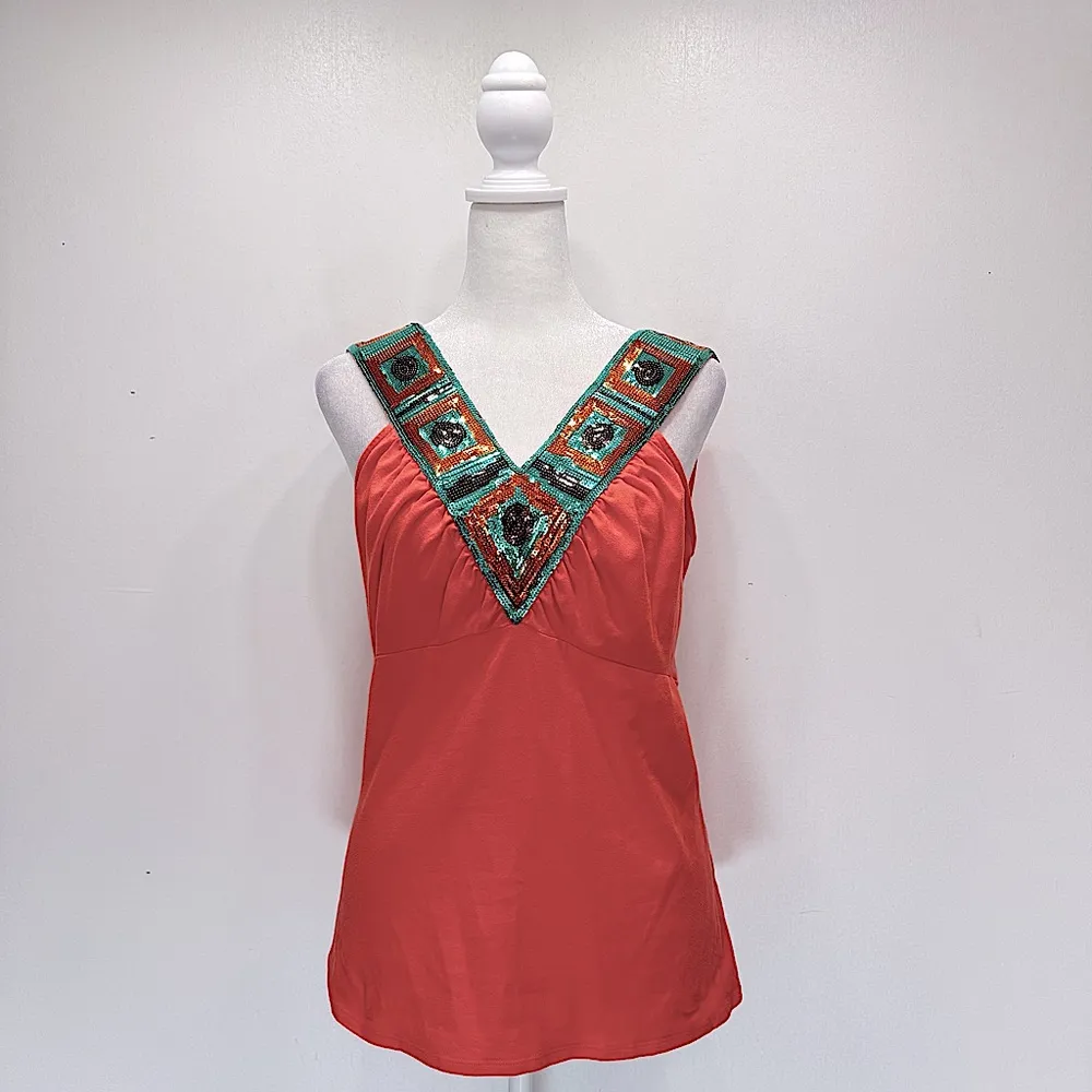 Bisou Bisou Melon Orange Tank with Sequined V Neckline Strap Built in Bralette - Image 4