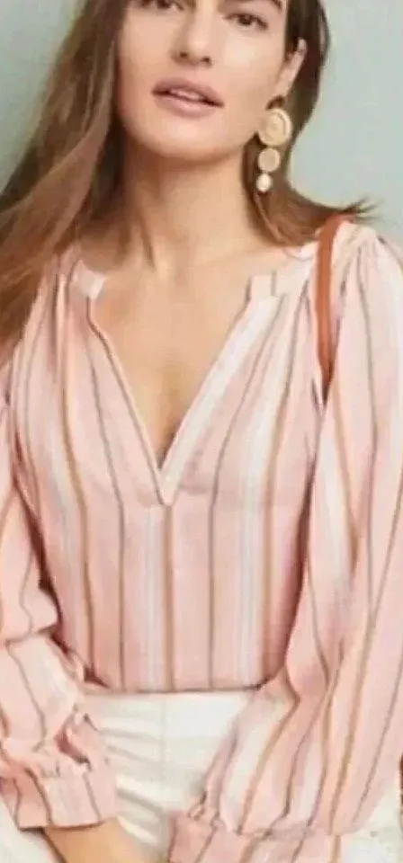 Anthropologie Maeve Pink Blush Green Striped Byron Balloon Peasant SZ S #2005 - Image 2