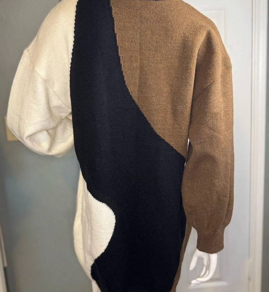 Women's Mock Neck Abstract Colorblock Knit Sweater Dress. - Image 8