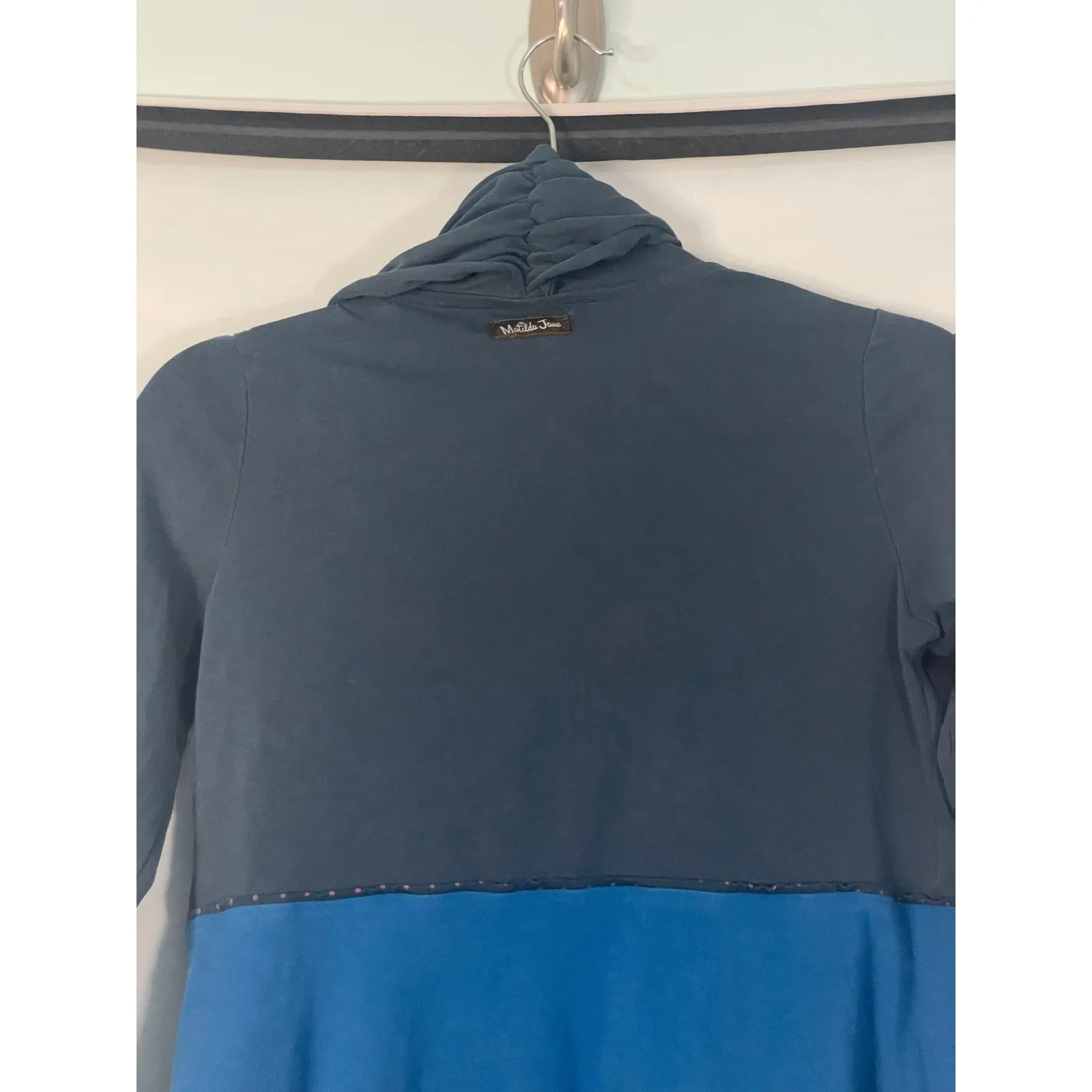 Matilda Jane XS Blue Gray Patchwork‎ Cardigan Draped Front Long Sleeve - Image 6