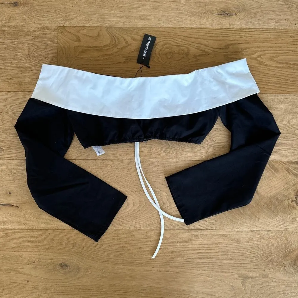 PrettyLittleThing - Woven Contrast Fold Over Collar Top in Black and White - Image 3