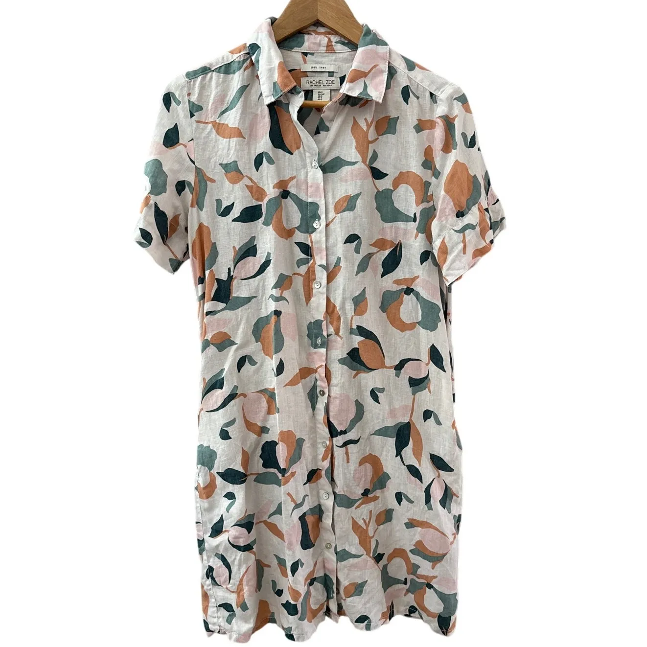 Rachel Zoe Linen Short Sleeve Button Up‎ Tee Shirt Dress Multicolor Size Small - Image 5