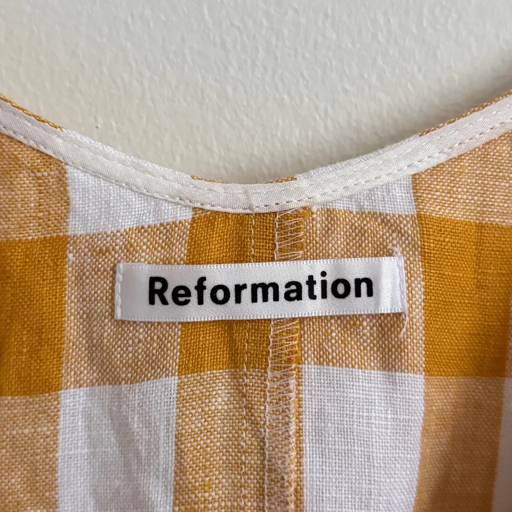 Reformation Beverly Linen Dress in Jeune Size Medium Gingham Yellow Wrap Midi - Image 5