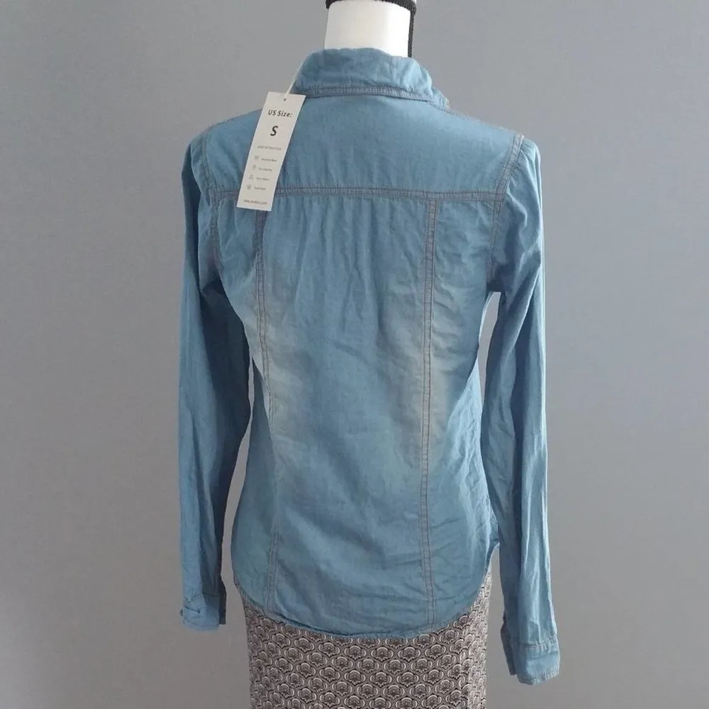 Yeokou Long Sleeve Chambray Button Down Jean Shirt S - Image 4