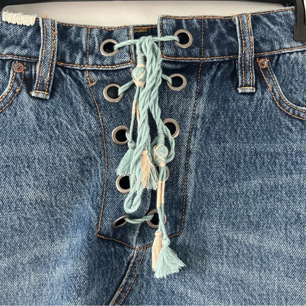 Free People Denim Micro Mini Skirt Lace Up Tie Raw Hem Jean Y2K 90s NWT 27 - Image 3