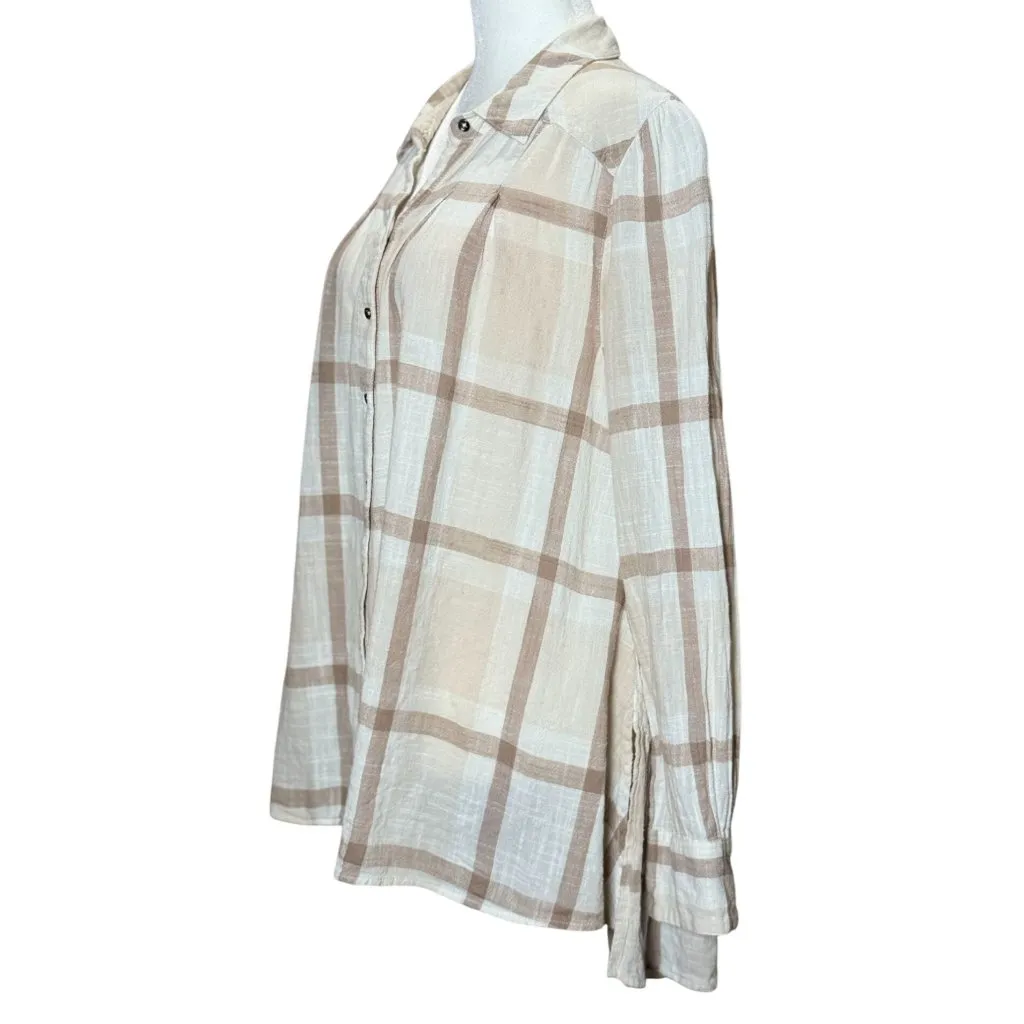 FREE PEOPLE Womens Peppy Plaid M Tunic Shirt White Brown Button Up Back Ruffle - Image 4