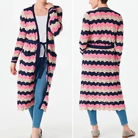 Laurie Felt Pointelle Knit Maxi Cardigan Duster Sweater Navy Pink Tan Size XXS - Image 3