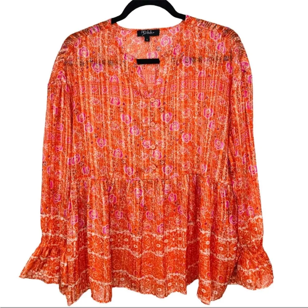 RD and KoKo Vibrant Orange Floral Sheer Bohemian Blouse Size Large - Image 12