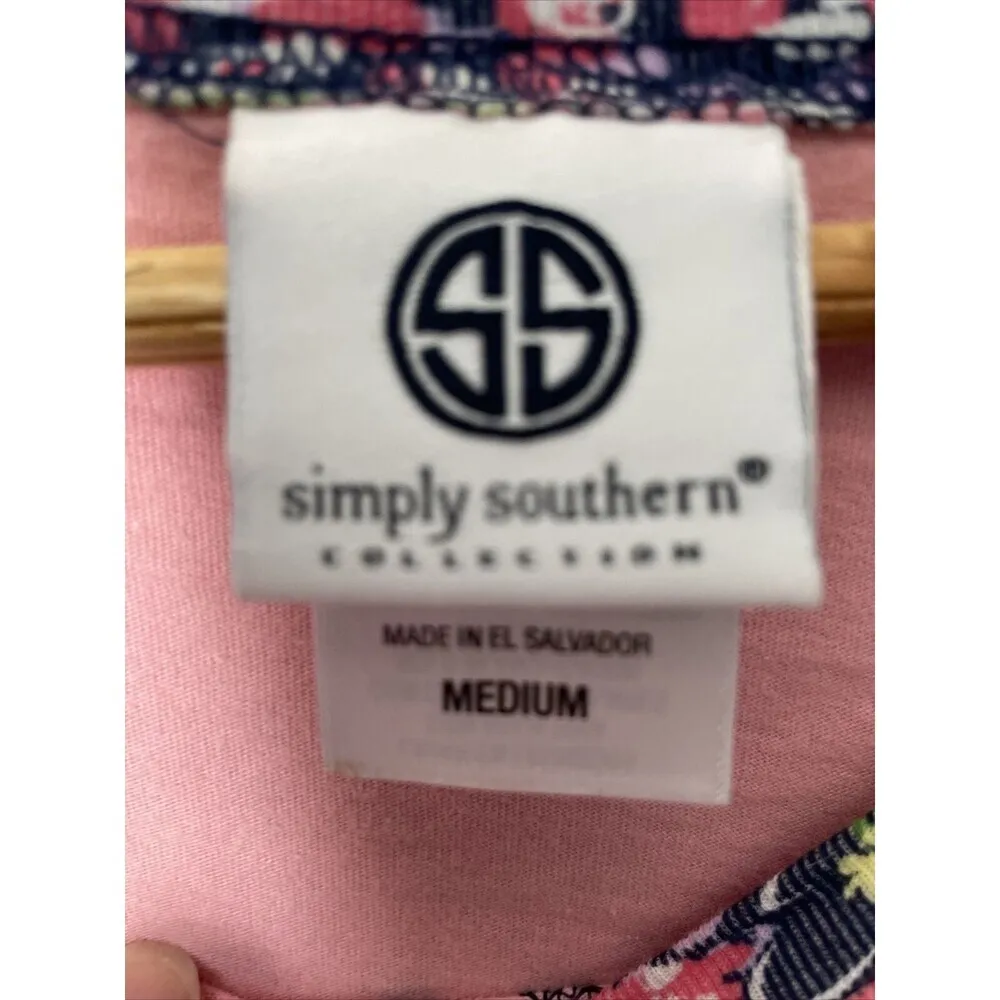 Simply Southern Pink Long Sleeve TShirt Bow Floral Sleeves Women’s M‎ - Image 3