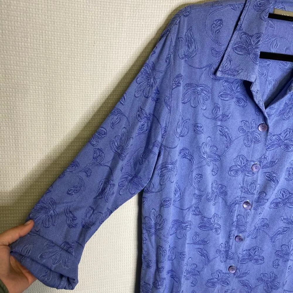 IVY Grandma Print VTG Vintage Floral Button Down Top Periwinkle Blue Long Sleeve Size XL - Image 2