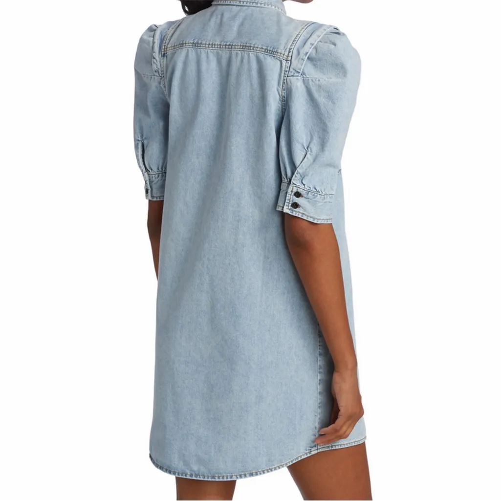 FRAME Rosette Denim Shirt Dress Puff Sleeve in Cresthaven Light Wash Size S - Image 3