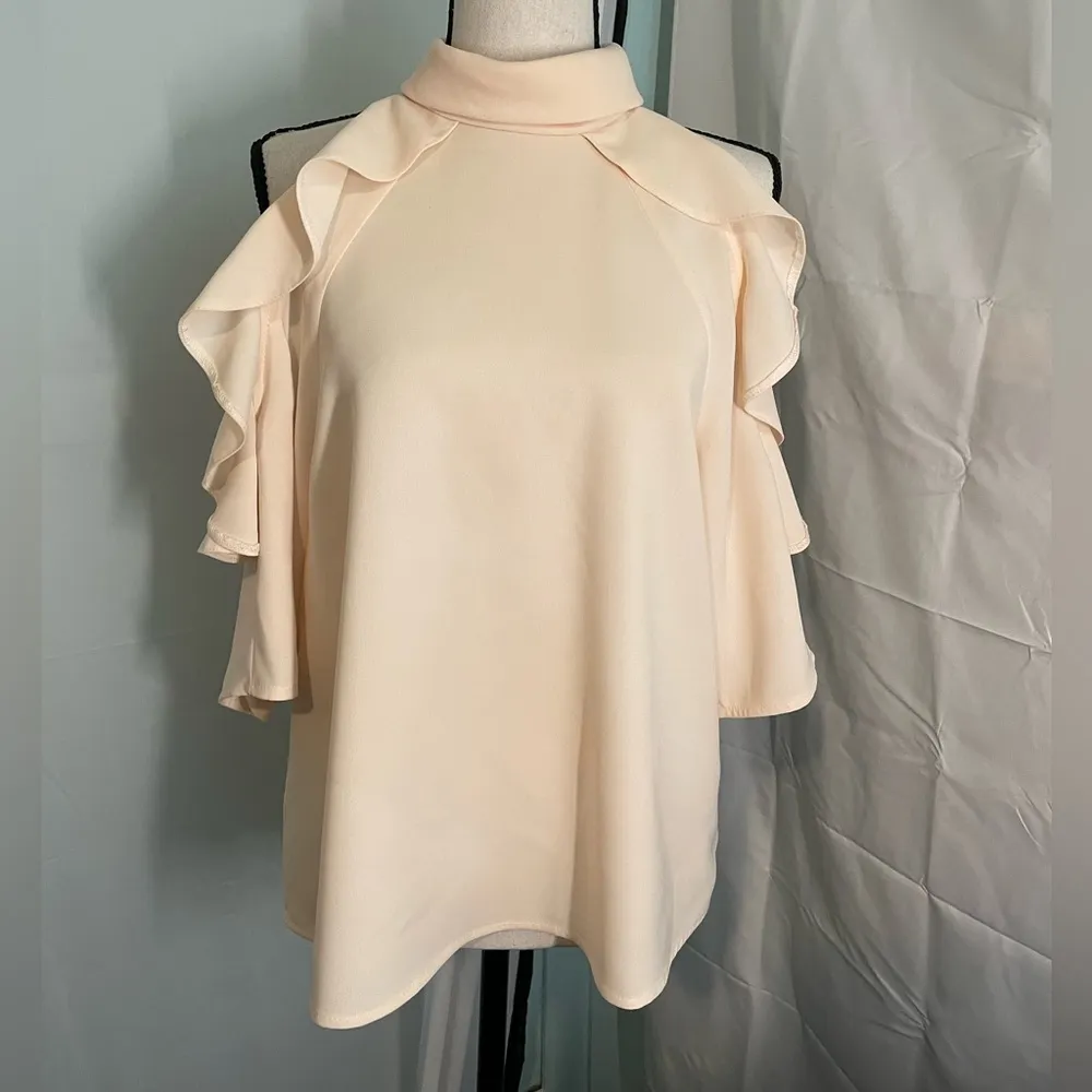 Topshop Blouse Womens Peach Cold Shoulder Ruffle Half Sleeve High Neck Size‎ 6 - Image 2