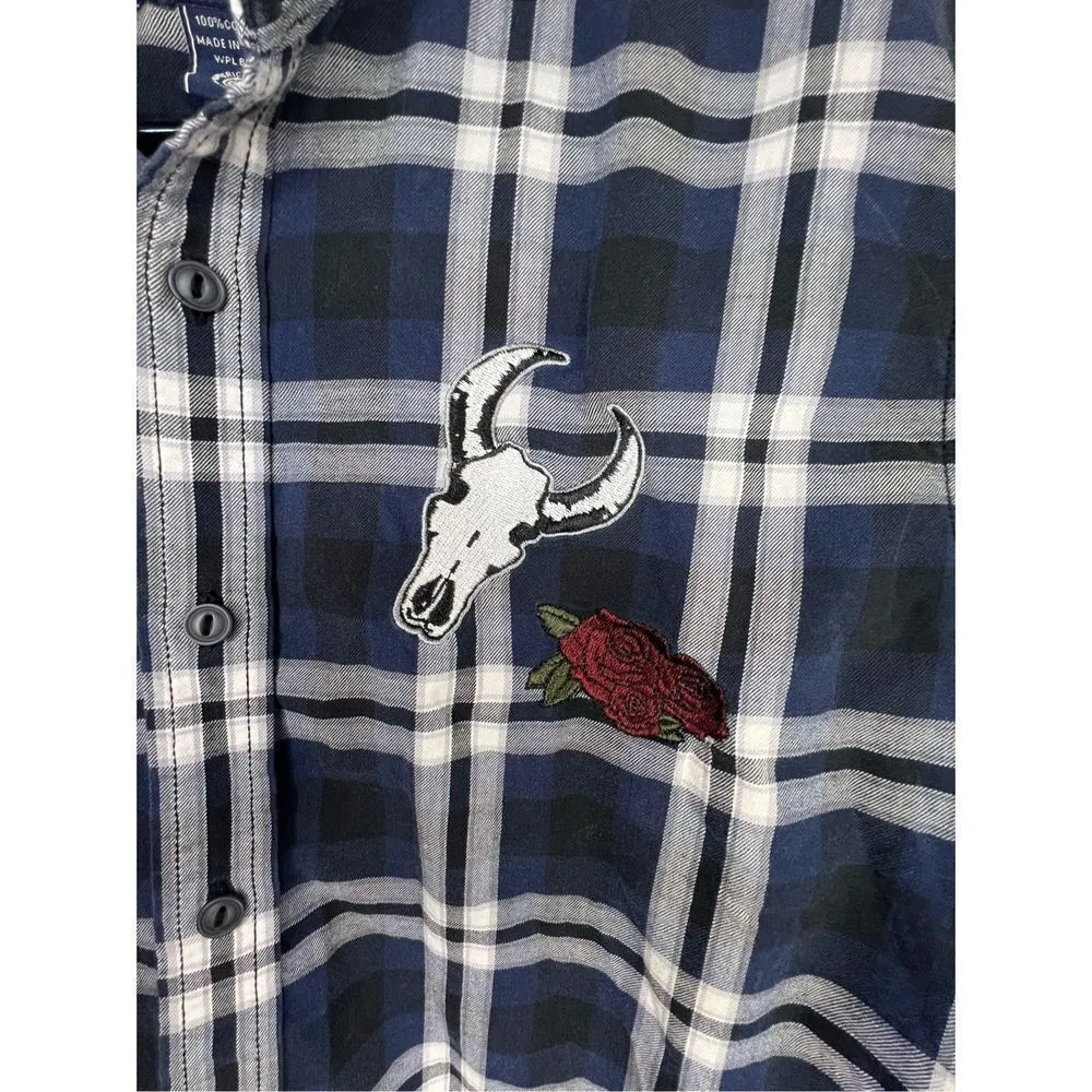 American Rag Plaid Button Up Long Sleeve Shirt With Sewn On Patches - Image 4
