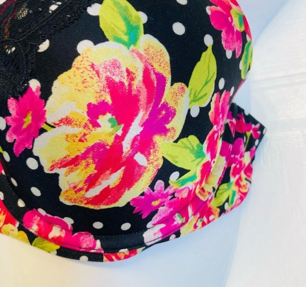 Victoria’s Secret Balconette Bra Size 34D Black Floral Polka Dot Satin Lace Trim - Image 3