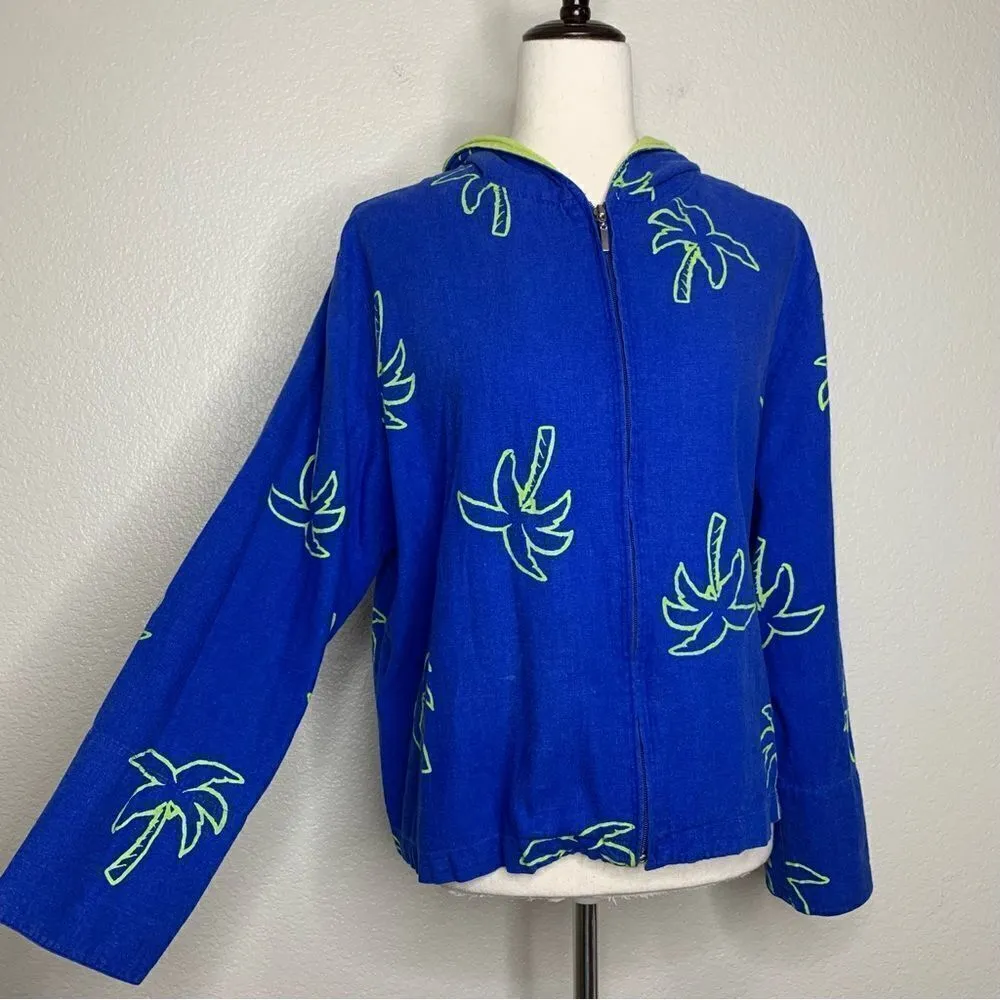 Erin London Linen Blend Vintage Blue Palm Trees Zip Up Hoodie Jacket - Image 2