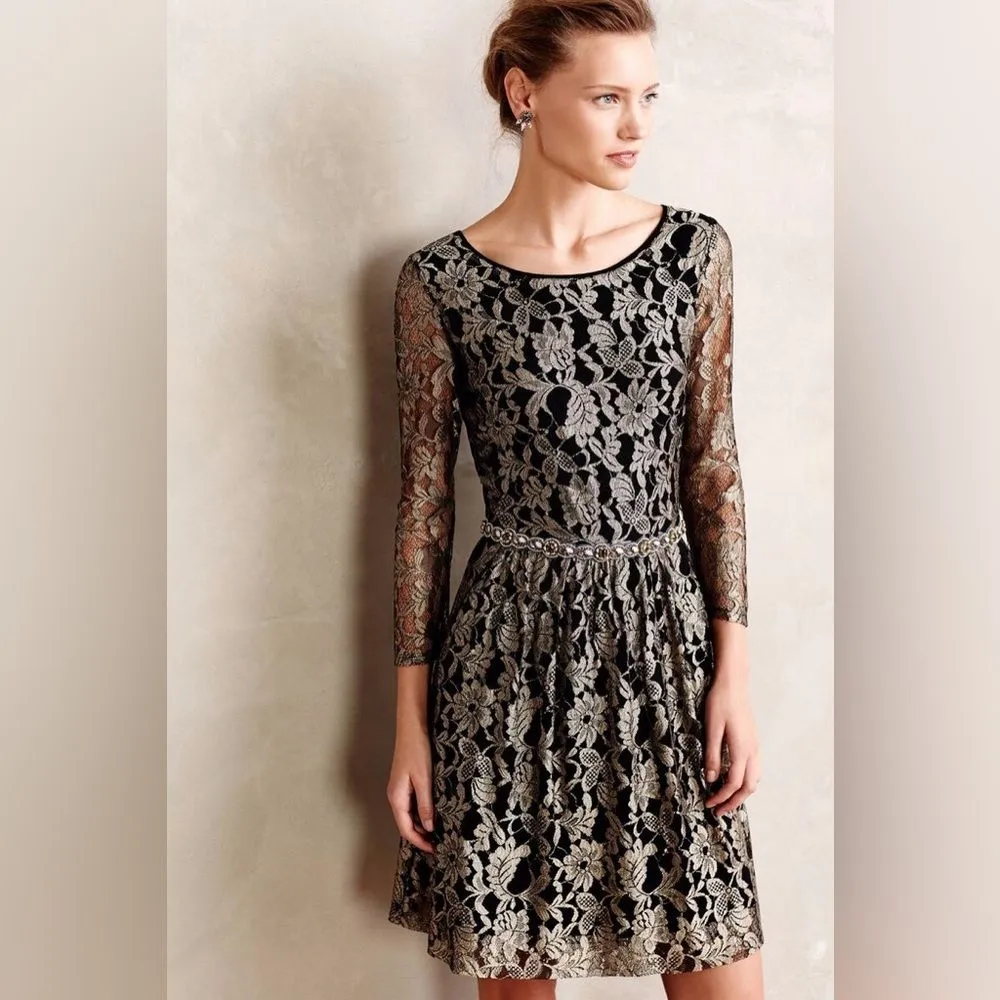 Maeve Anthropologie Shimmered Lacefall Dress Black Metallic Gold Lace Size 2 - Image 14