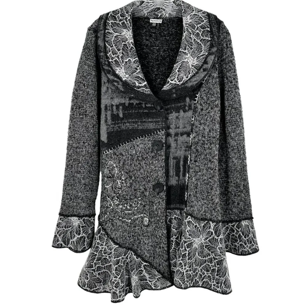 Romantic SIONI Gray Floral Embroidered Cotton Knit Patchwork Cardigan Sweater L Size L - Image 2