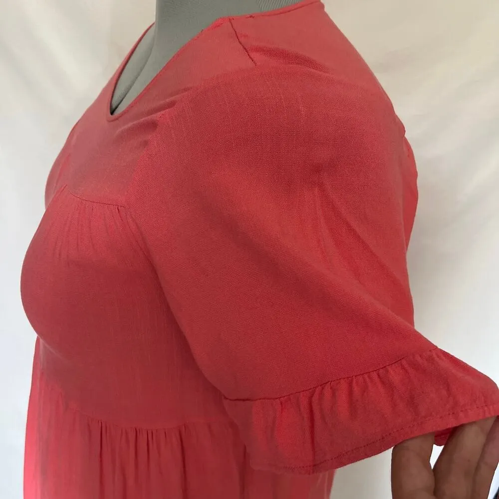 Torrid Babydoll Mini Dress Sz 2X Coral Boho Texture Tier Ruffle Peasant Romantic - Image 4