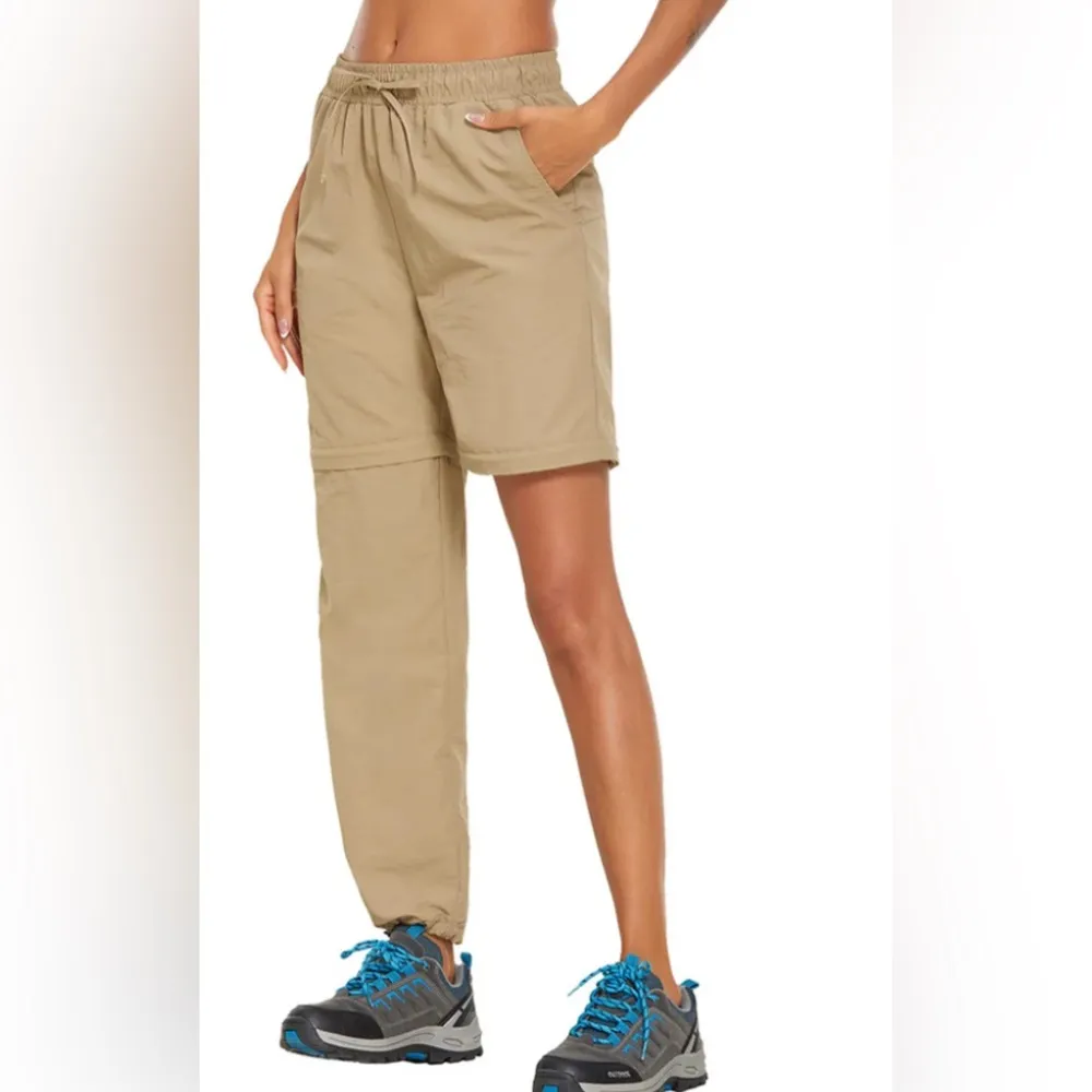 WOMENS Long CONVERTIBLE In Short HIKING PANTS Beige Large Pocket Elastic Tie Tan - Image 2