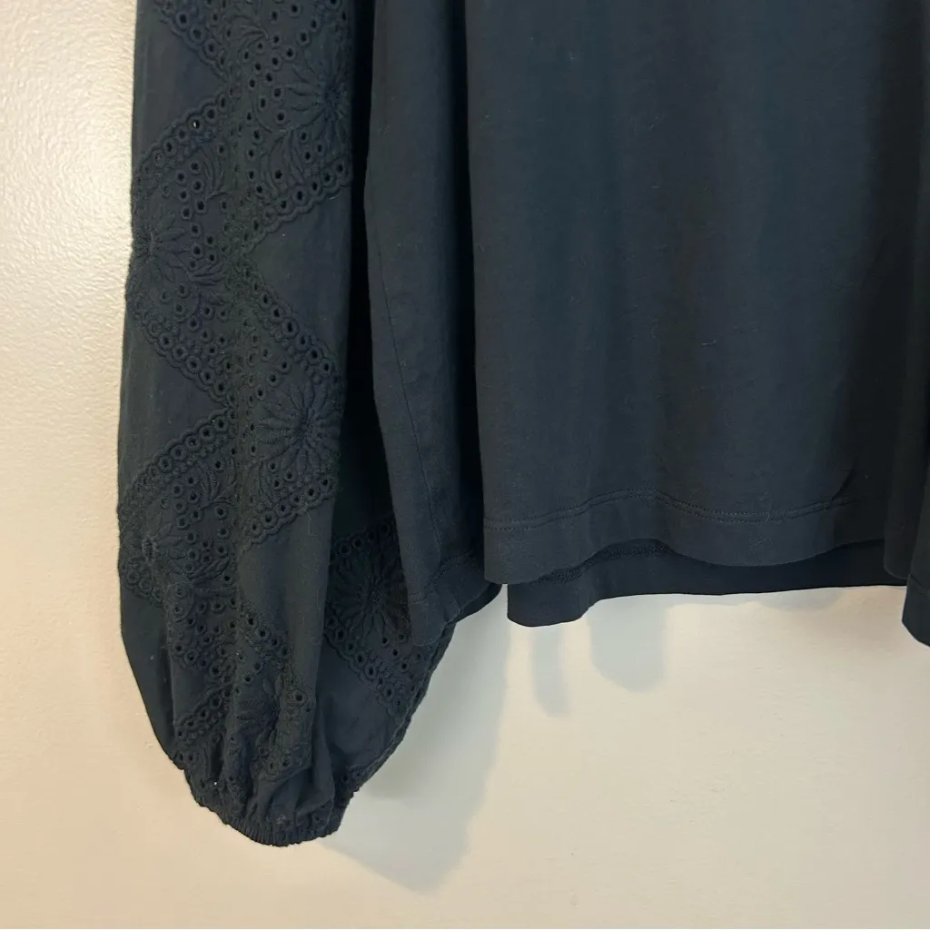 ME+EM Navy Blue Eyelet Lace Balloon Sleeve Jersey Cotton Boho Top Size 10 - Image 2