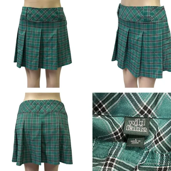 Y2K Wild Fable Green Plaid Pleated Mini Skirt with Wide Belt Loops Size Large - Image 2