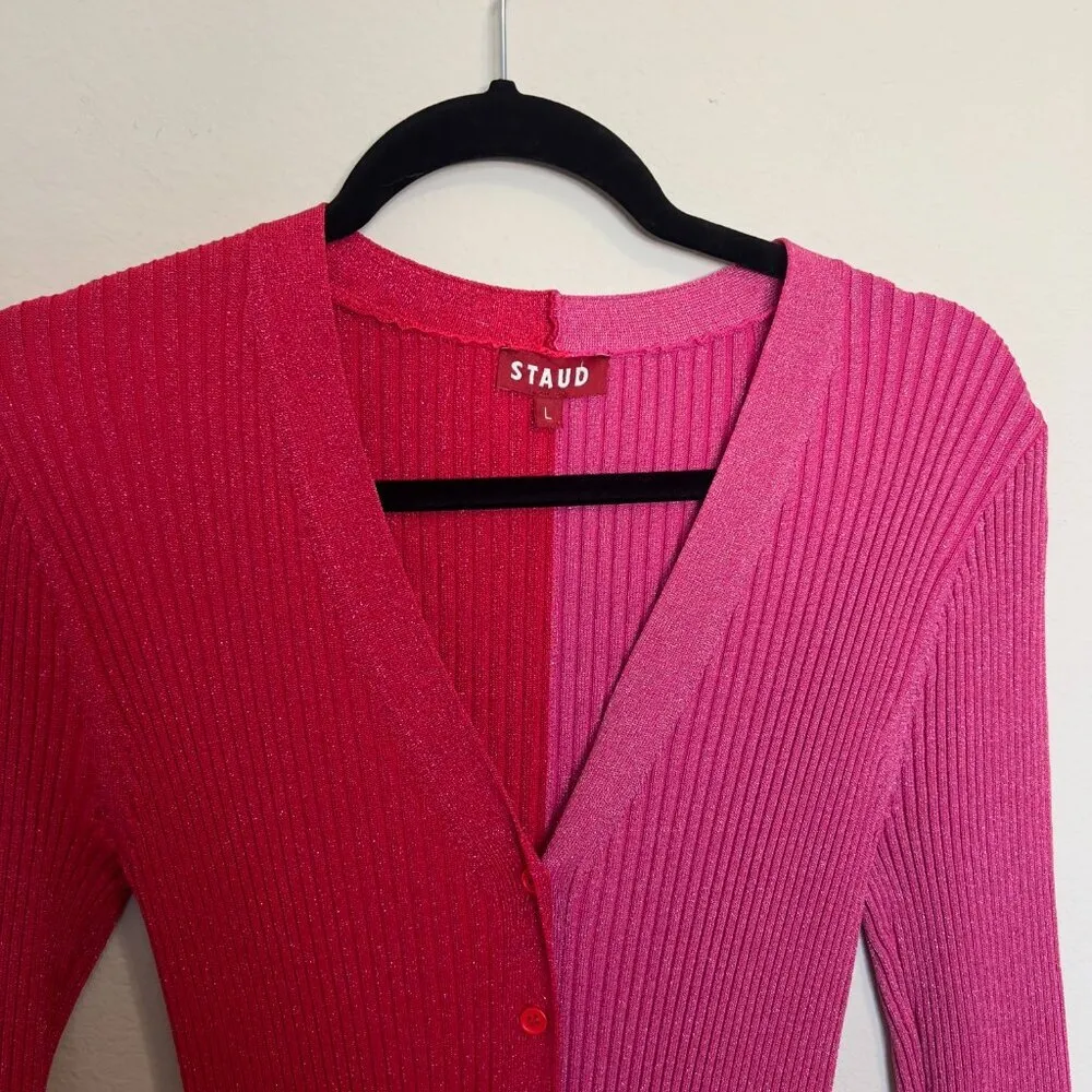 STAUD Shoko Two Tone Split Cardigan Dress Size Large Color Pink Red - Image 4