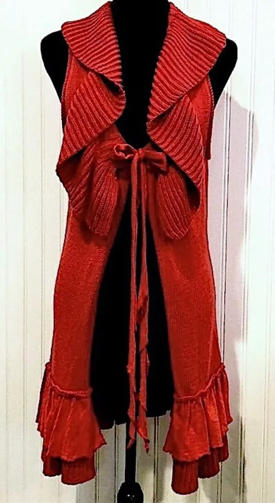 HANDKNIT Women’s Red Boho Chic Ruffle Knit Longline Vest Tie Front Sz SM - Image 1