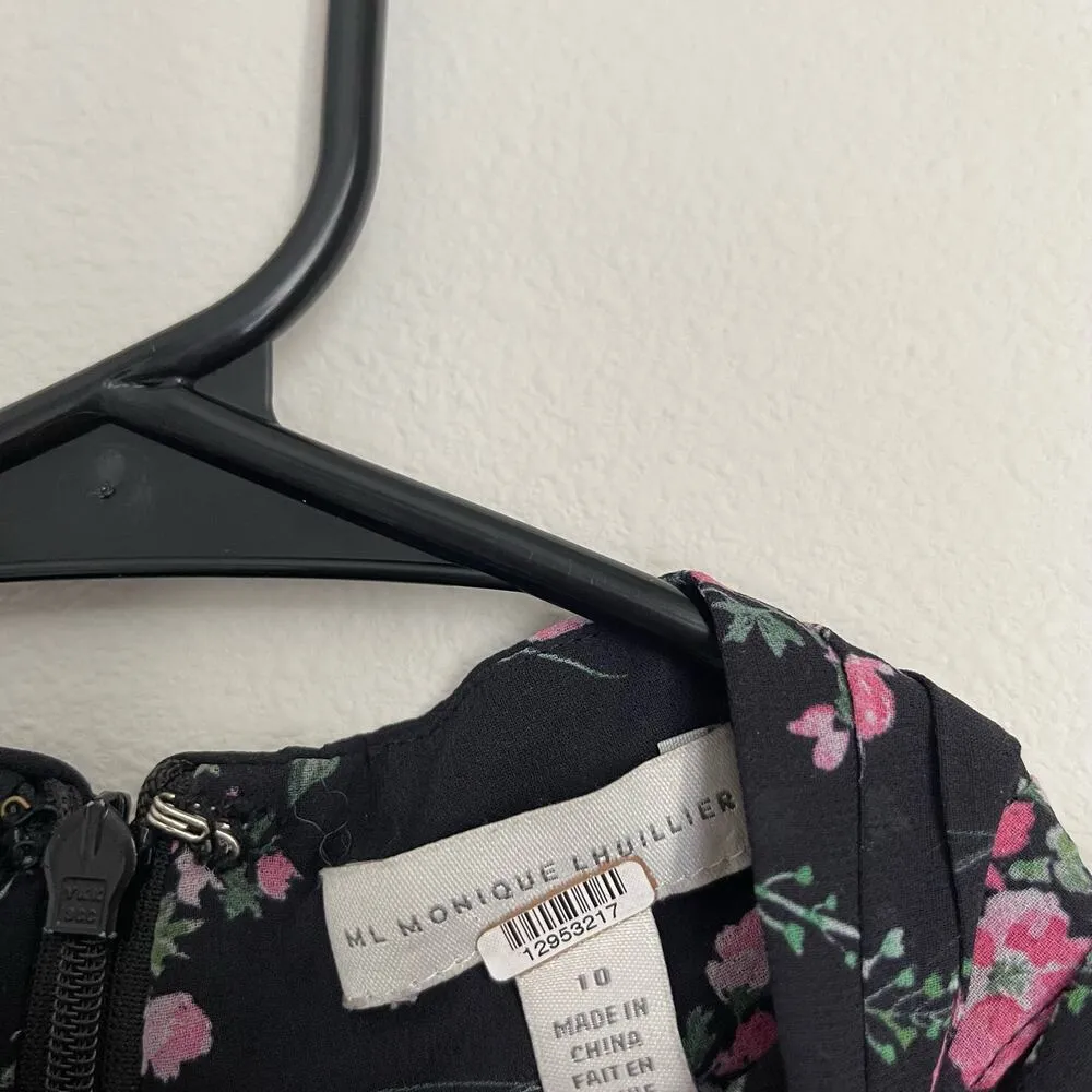 ML Monique Lhuillier Black Floral Ruffle Pleated Dress (Size 10) - Image 4