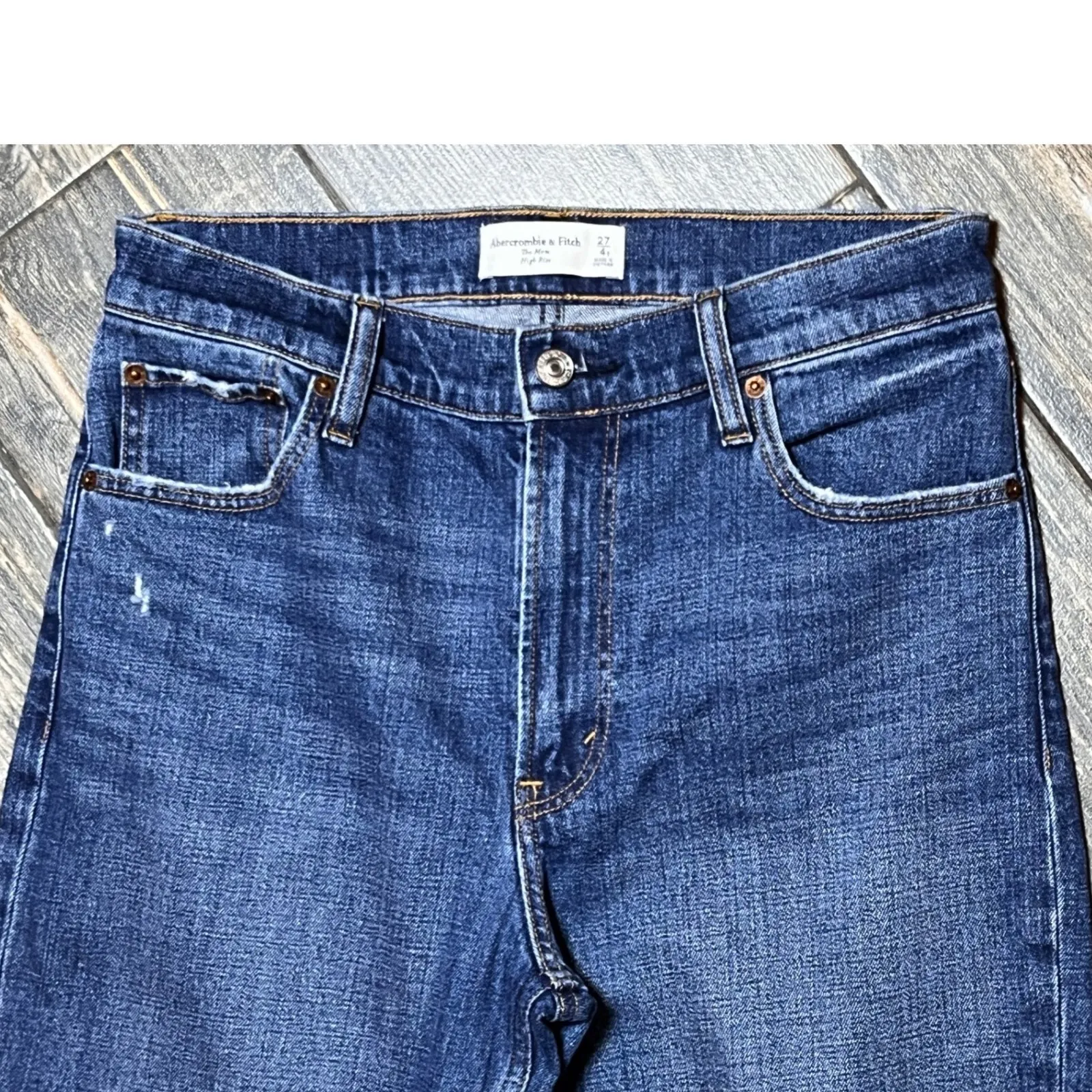 Abercrombie Fitch The Mom High Rise Distressed Blue Jeans Women Size 4s 27 SHORT - Image 3