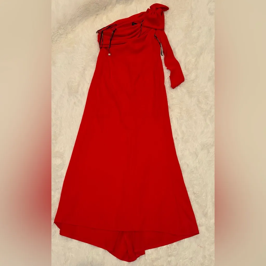 NWOT Tadashi Shoji One-Shoulder Bow Crepe Column Gown Sz 16 red rose - Image 3