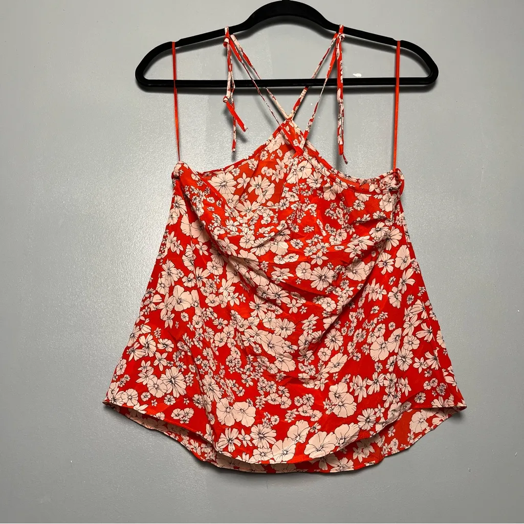 Rebecca Taylor Cherry Blossom Red Floral Silk Halter Top Women’s Size 2 - Image 4