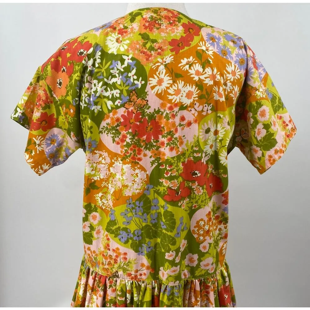 Vintage 60s Floral Butterfly Print Shirt Dress Midi High Neck Green Orange XL - Image 10