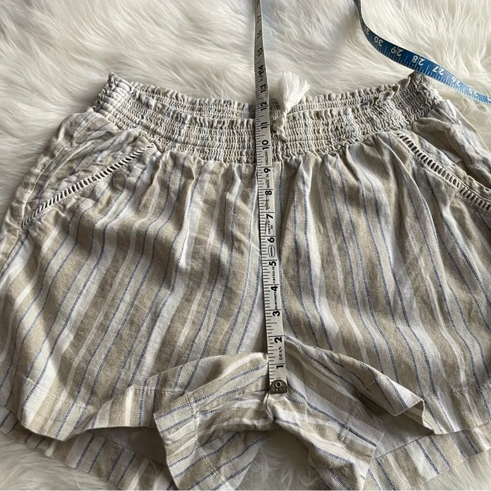 Linen Blend Shorts Pull On Neutral Blue Stripe Size L - Image 6