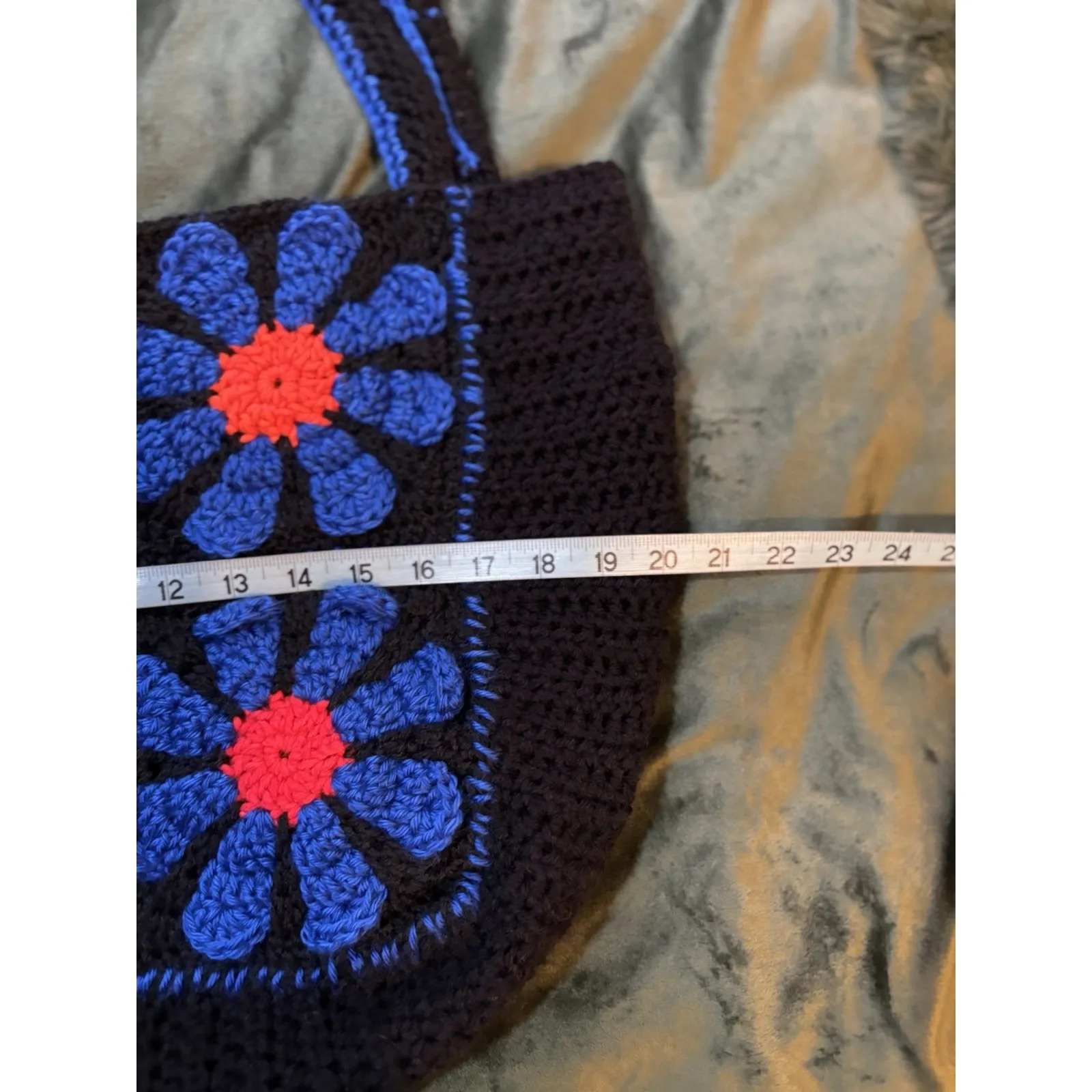 Handmade Crochet Tote Bag Colorful Granny Square Knit Black/Blue Trending Blue - Image 5