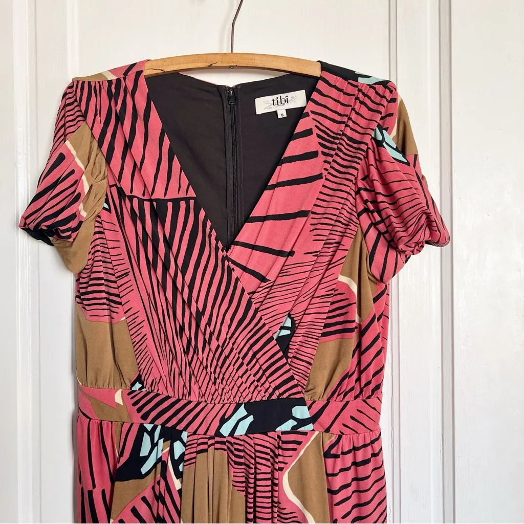 Tibi • Faux Wrap Jersey Dress red graphic tropical print draped knit cocktail - Image 4