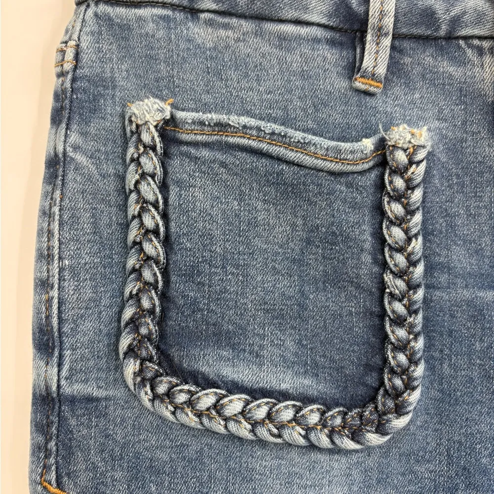 Dear John Boutique Blue front Stretch Beaded Trim Pocket Jeanne Flare Jeans 27 - Image 7