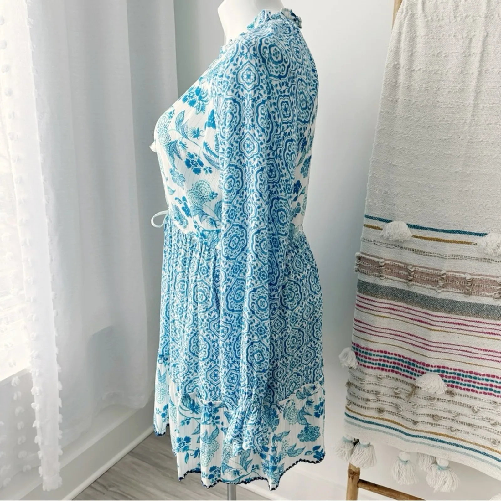 House of Harlow 1960 Blue White Printed Long Sleeves Mini Dress Women’s Large - Image 3