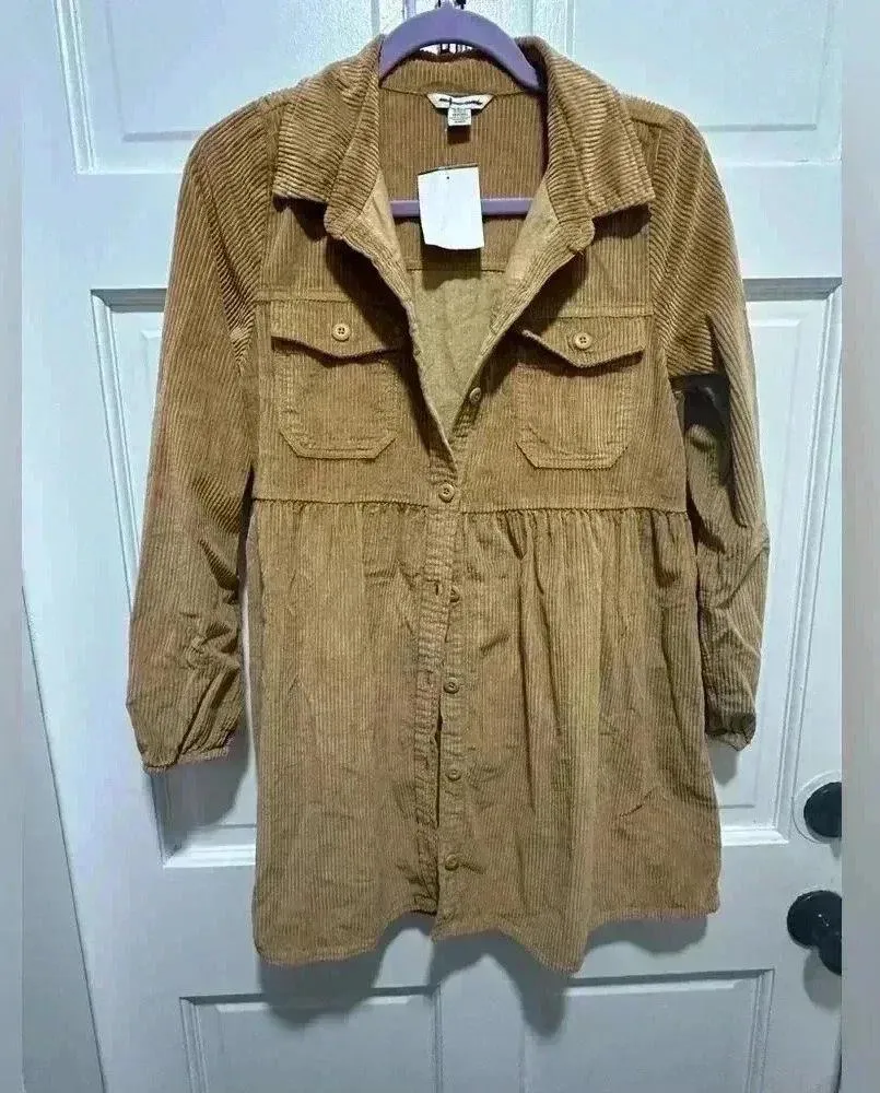 American Eagle Light Brown Tan Corduroy Button Up Shirt Dress Women’s Size XS AE - Image 2