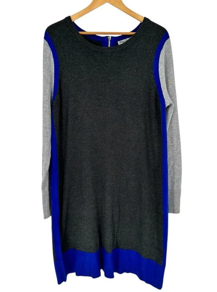 Eliza J Contrast Trim Sweater Dress size XL Grey Cobalt Blue Long Sleeves - Image 2