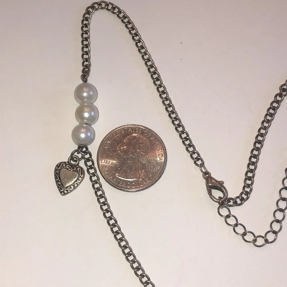 Brass Tone Bronze Tone Faux Pearl Heart Pendant Boho Necklace - Image 5