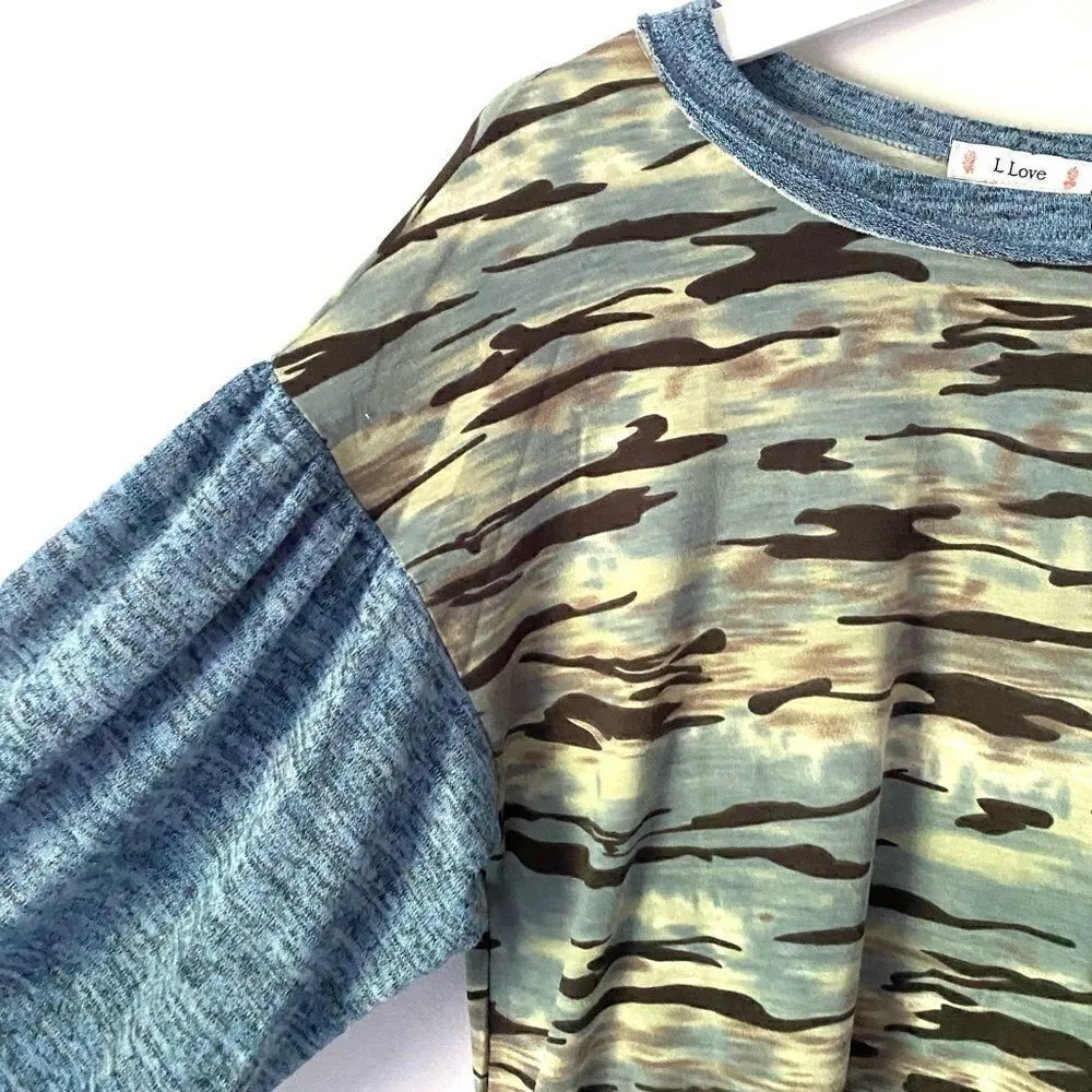 L.Love Camouflage balloon sleeve boho small Green - Image 3