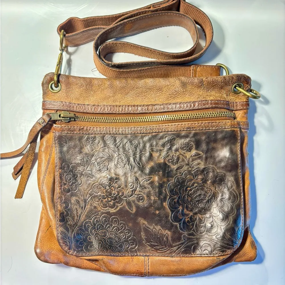 UNBRANDED 2 Two Tone Black Tan Leather Embossed Boho Crossbody Adjustable Bag - Image 3