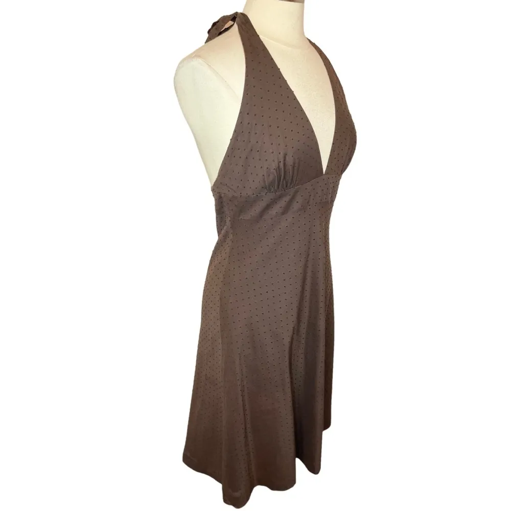 J.CREW Brown A-Line Halter Midi Dress w/ Textured Swiss Dots - Image 3