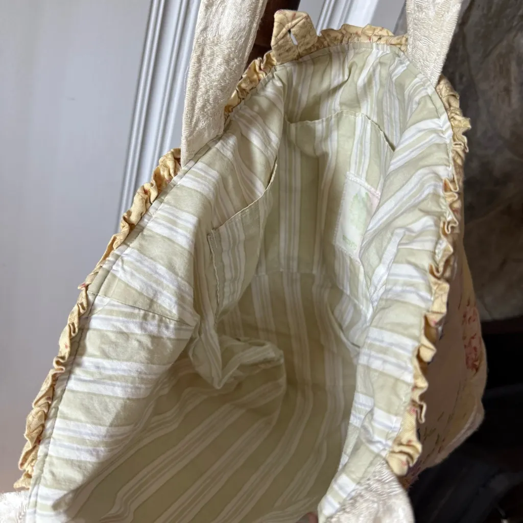 Vintage Handmade Patchwork Embroidered Cotton Tote Cottagecore Bag Pink - Image 13