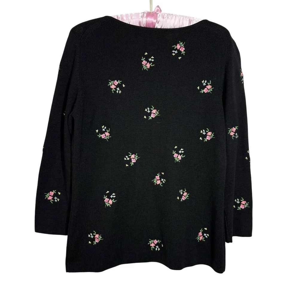 Vintage 90's Cardigan M 100%‎ Silk Knit Floral Embroidered Cottagecore Bow Tie Black Size M - Image 5